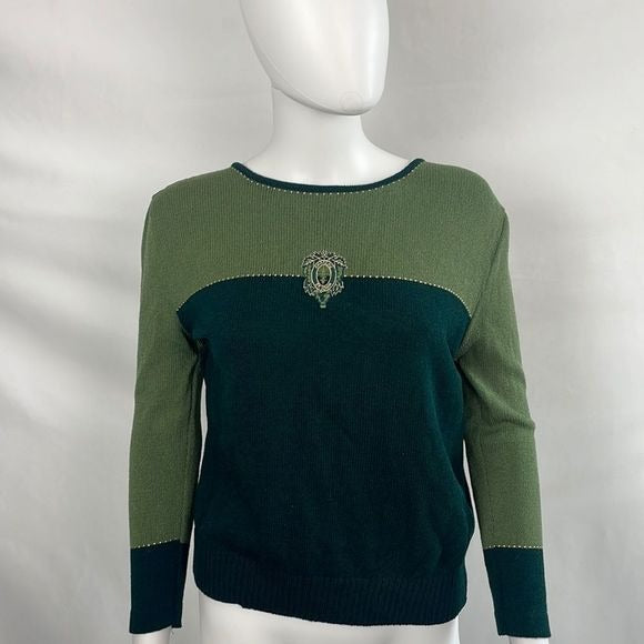 St John Green With Emblem Color Block Sweater
