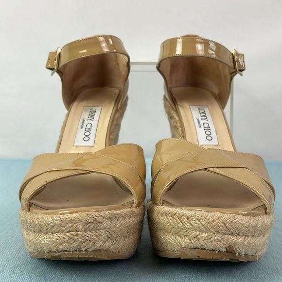 Jimmy Choo Tan Patent Straw Wedges