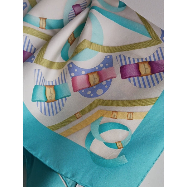 SALVATORE FERRAGAMO PASTEL AQUA RIBBON BUCKLE PRINT SCARF