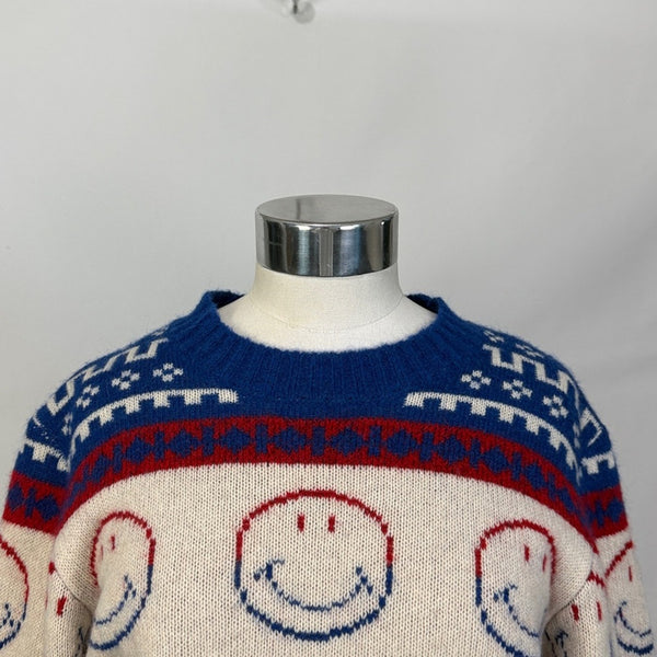Sandro Red, White and Blue Smiley Sweater