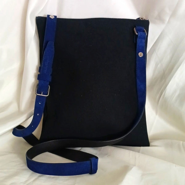Salvatore Ferragamo Blk Canvas W Blue Suede Trim Bag.