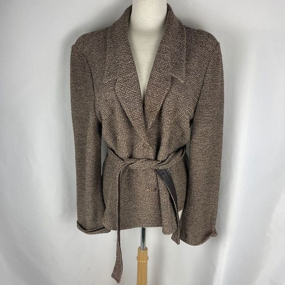 St John Tan tweed knit blazer w/ leather lined belt