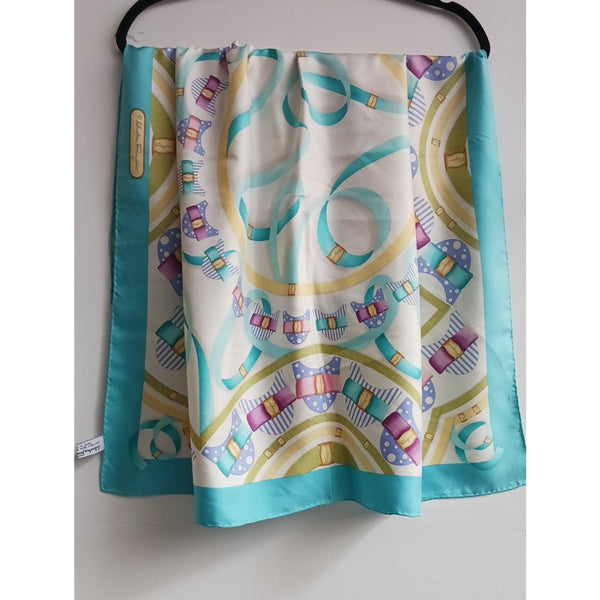 SALVATORE FERRAGAMO PASTEL AQUA RIBBON BUCKLE PRINT SCARF