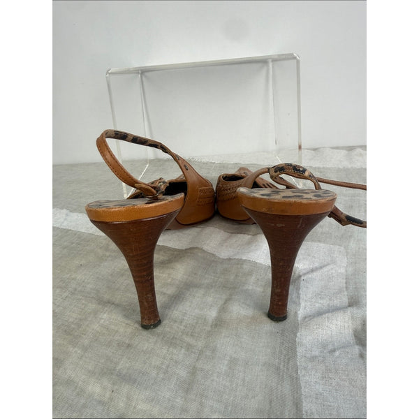 DOLCE AND GABBANA BROWN WOVEN LACED TRIM SLING BACK SHOES
