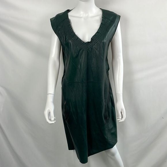 Strenesse Green Leather Pleated Front Dress
