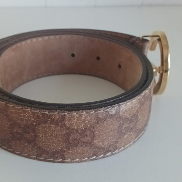 Gucci Brown Logo Leather with Gold G Buckle Belt.