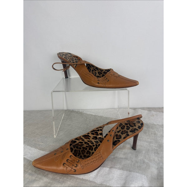 DOLCE AND GABBANA BROWN WOVEN LACED TRIM SLING BACK SHOES