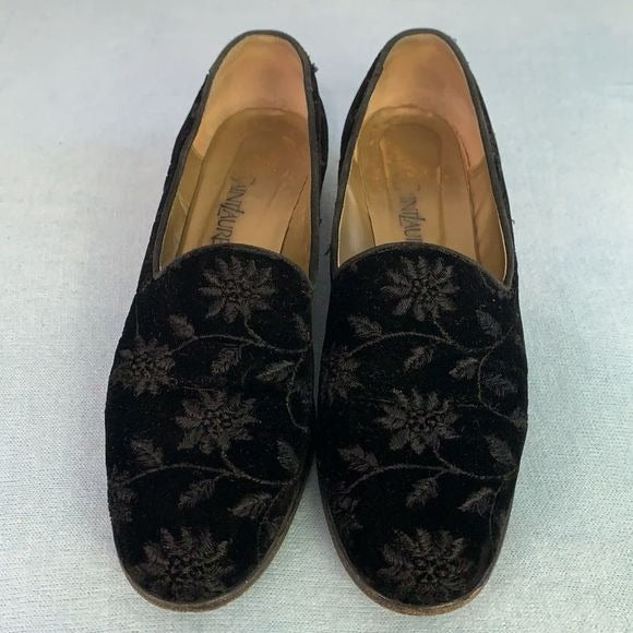 Yves Saint Laurent black floral velvet flats