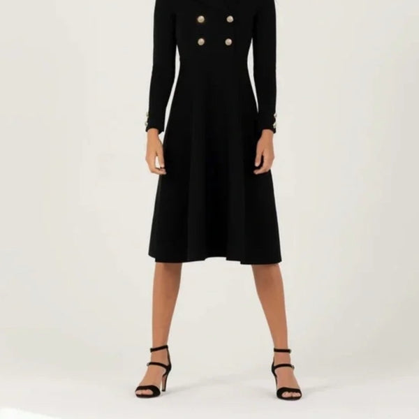 Aleeza Black Double-Breasted Dress with Gold Buttons.