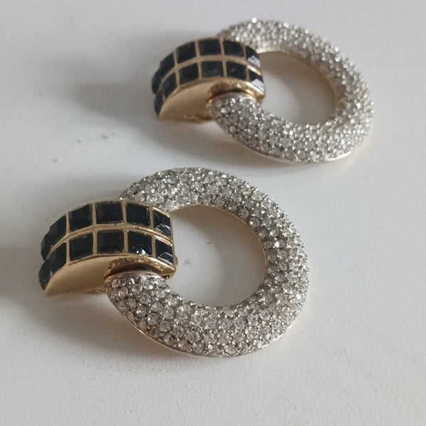 Ben Amun Large Black Rhinestone Clips Earrings.