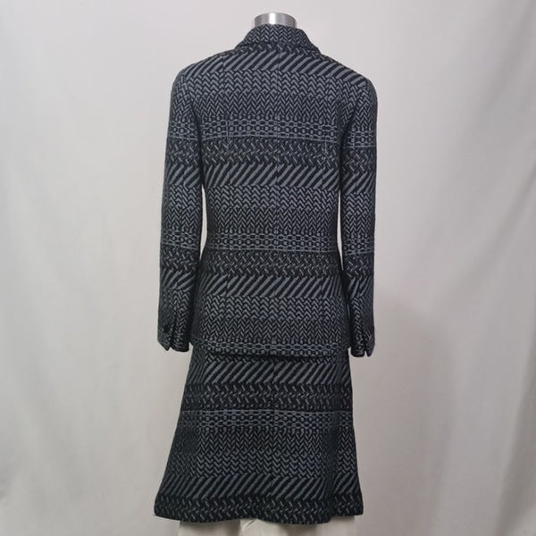 CHANEL  Gray Wool Print W Beads Jkt/ Skt/ Scarf.