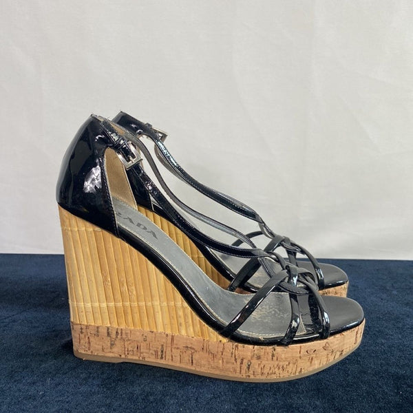 Prada Black Patent Straw Cork Wedges Sandals