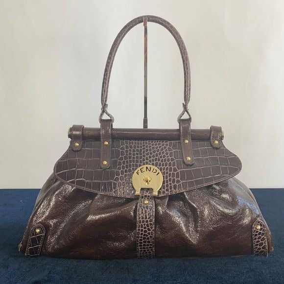 Fendi Brown with Crocodile Leather Vintage Satchel