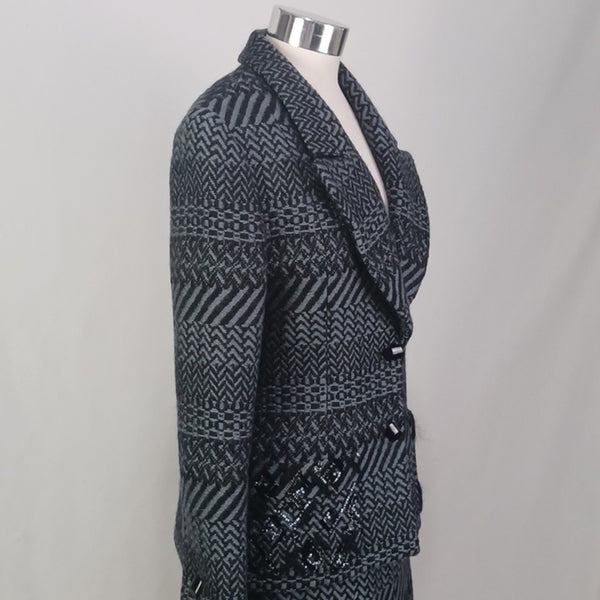 CHANEL  Gray Wool Print W Beads Jkt/ Skt/ Scarf.
