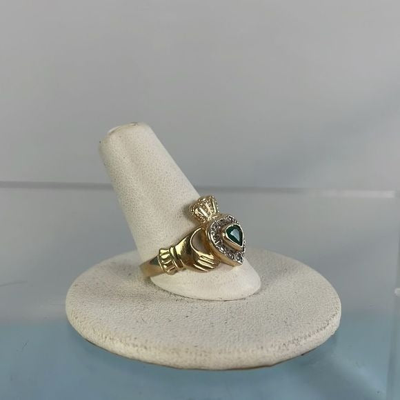 14kt Claddagh With Diamond And Emerald Ring
