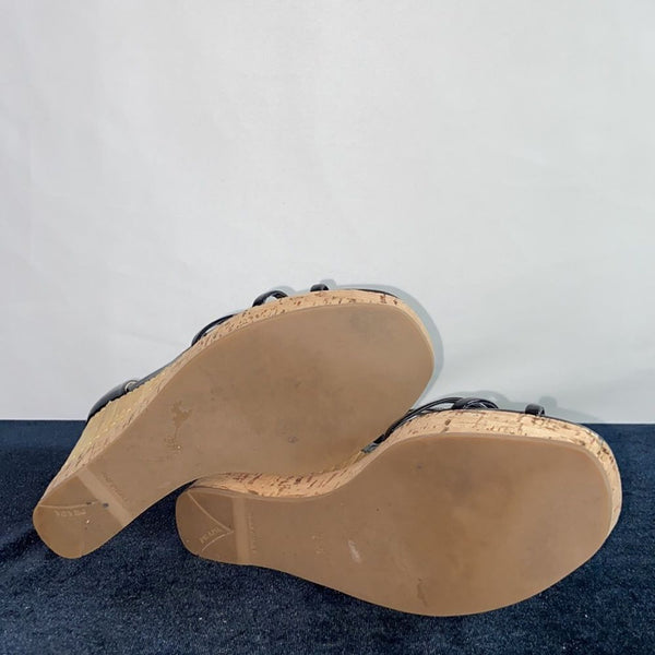 Prada Black Patent Straw Cork Wedges Sandals