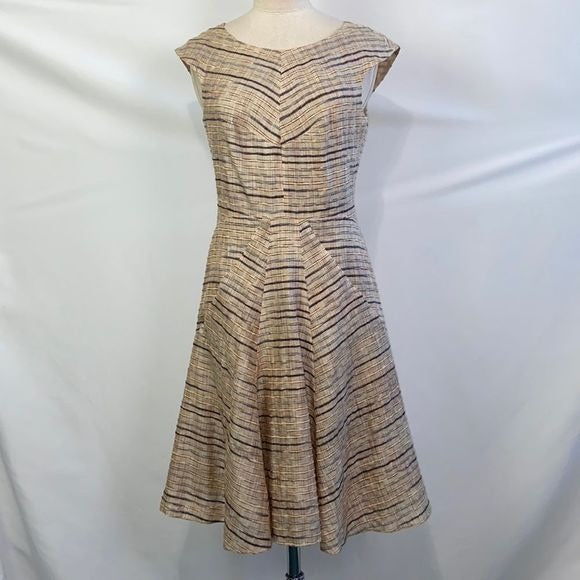 Hugo Boss Tan Striped Fit Flare Dress