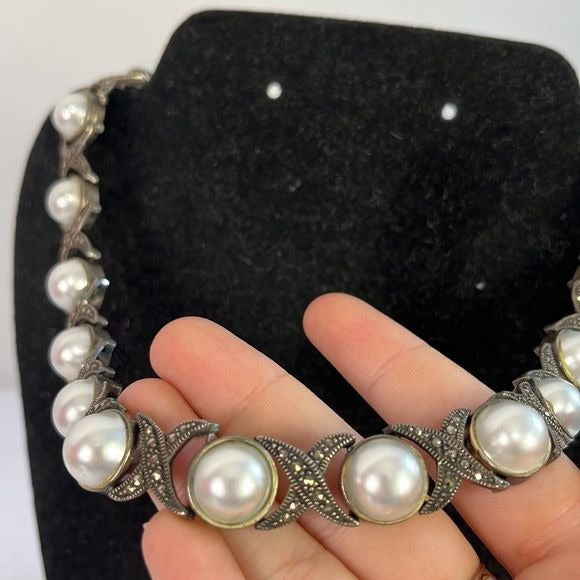 Sterling Marcasite/Pearl Necklace with Earrings
