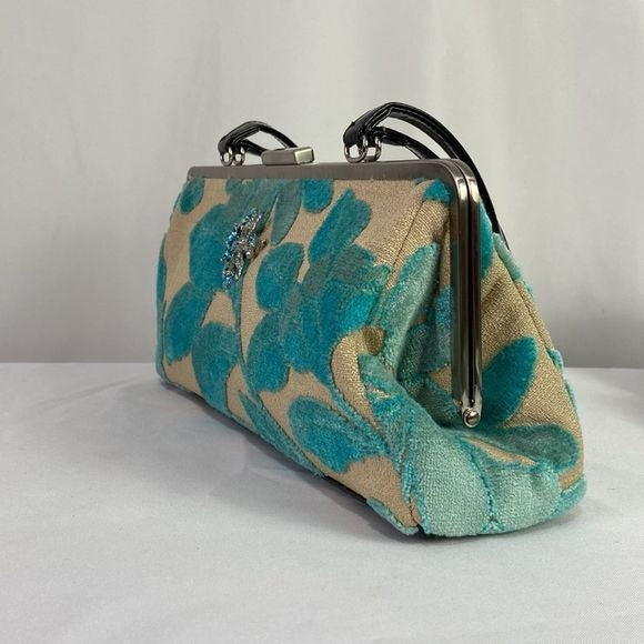 Glenda Geis Tan Turquoise Leaf Print Rec Kiss Lock Bag