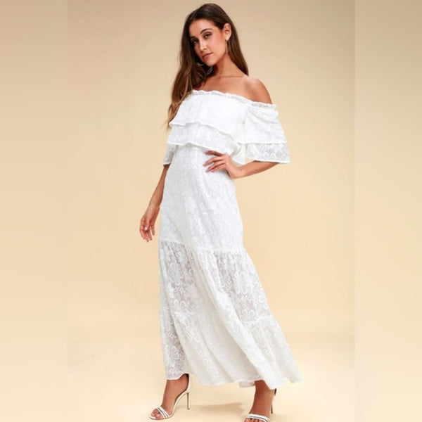 NWT BB Dakota White Lace Off the Shoulder Maxi Dress