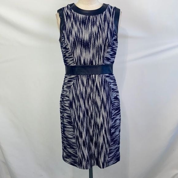 Milly Blue Print Sheath with Lamb Leather Trim Dress