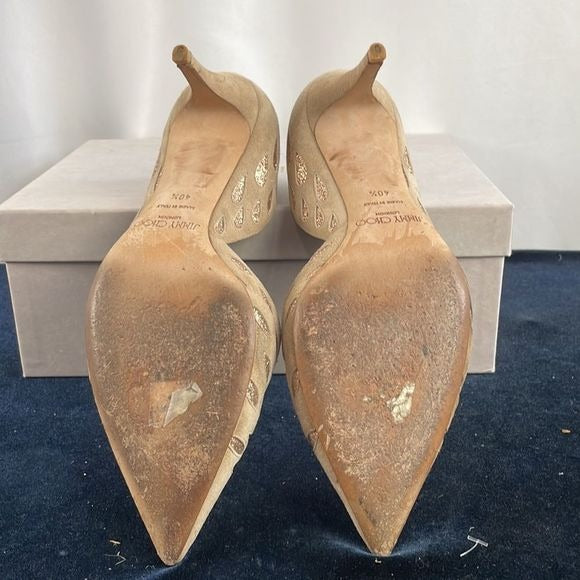 Jimmy Choo Tan Suede With Gold Detail Pumps With Box