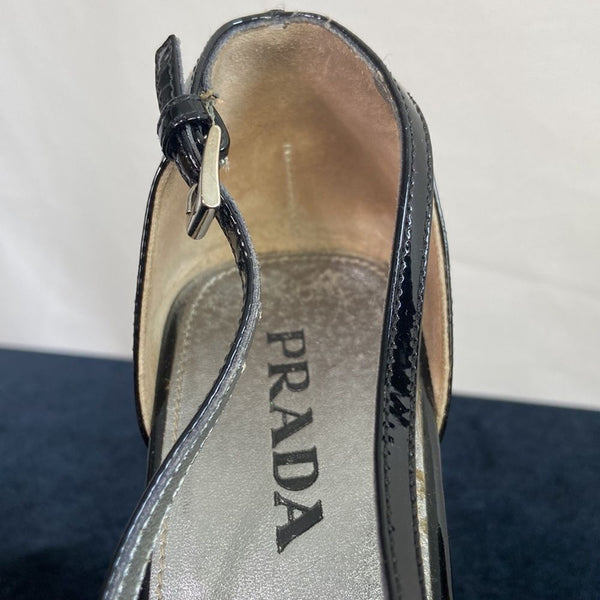 Prada Black Patent Straw Cork Wedges Sandals
