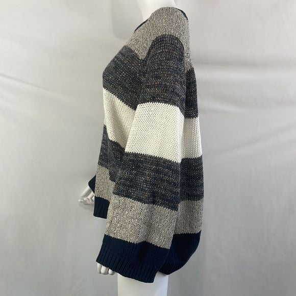 Bruno Cucinelli White Blue Sparkle Gray Sparkle Striped Sweater