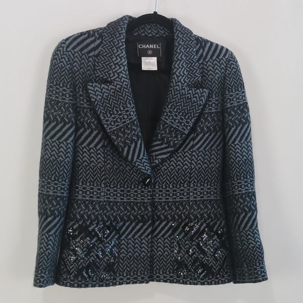 CHANEL  Gray Wool Print W Beads Jkt/ Skt/ Scarf.