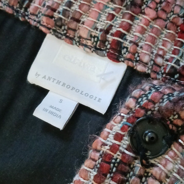 Anthropologie Multi Tweed W Fringe Trim Textured Jacket.