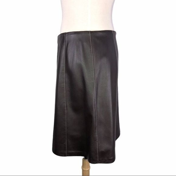 St. John Brown Leather Skirt with White stitching