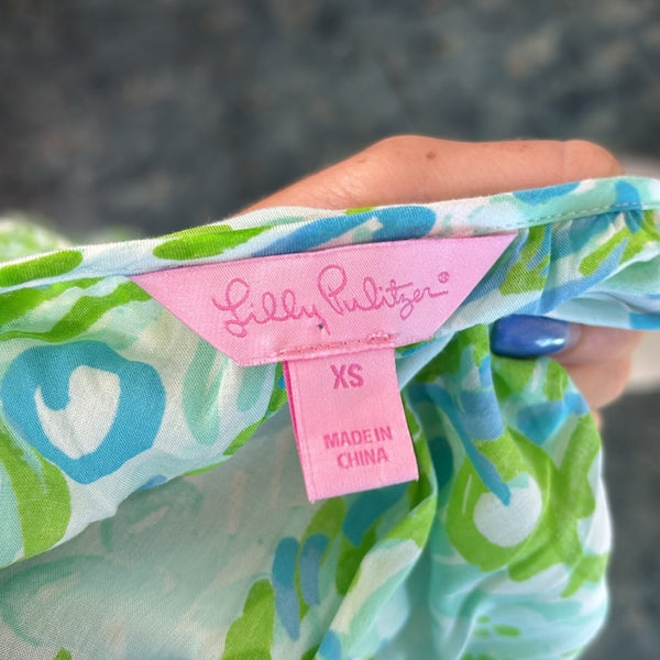Lilly Pulitzer Green Blue Print Mini Tie Neck Dress
