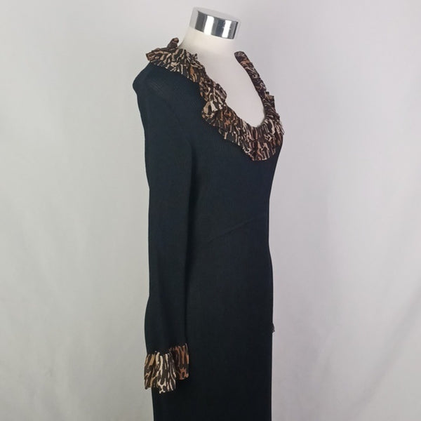 RIXO Black Knit Dress with Animal Print Details.