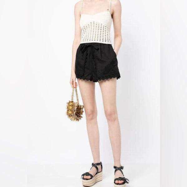 Ulla Johnson Black Linen Lace Trim Shorts