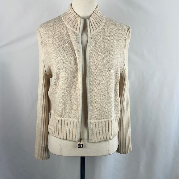 St. john Ivory With Gold Logo Zip Cardigan