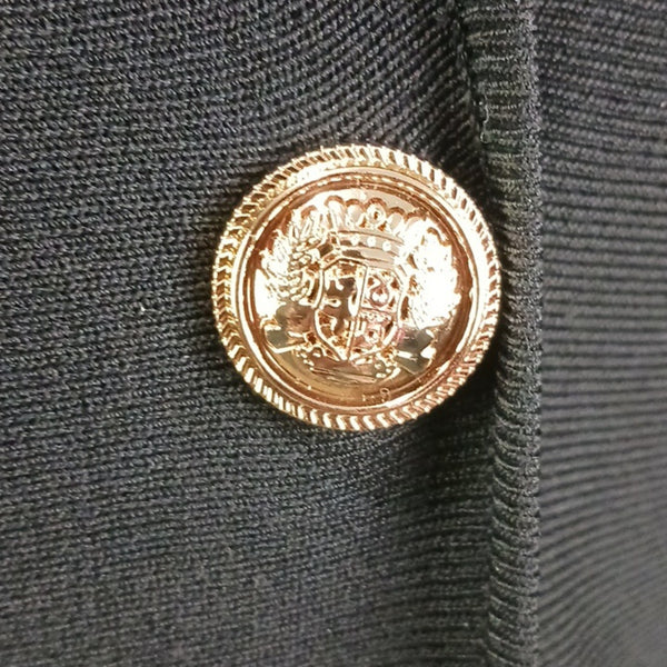 Aleeza Black Double-Breasted Dress with Gold Buttons.