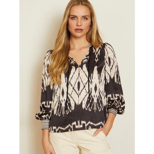 CABALLERO BLACK PRINT TIE NECK TUNIC