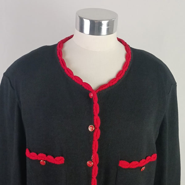 St. John Black W Red Trim Cardigan.