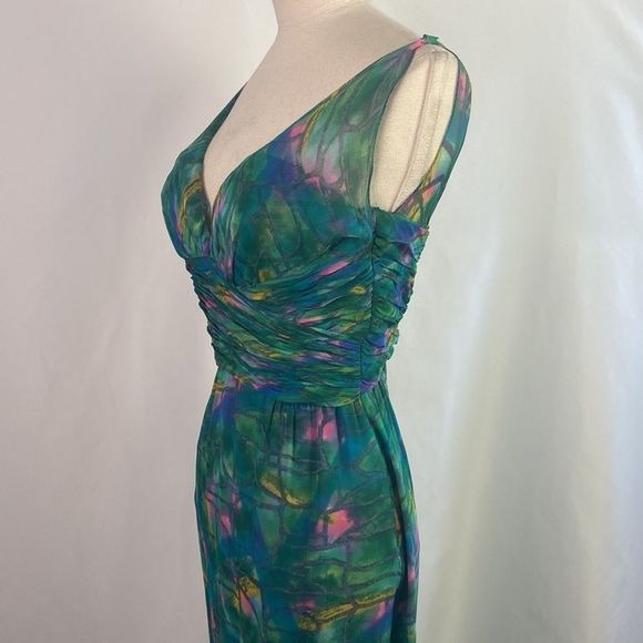 Green Print Pleated Bodice Vintage Dress