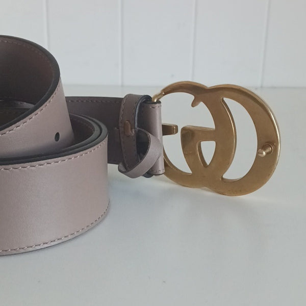 Gucci Tan W Gold Double GG Buckle Leather Belt.