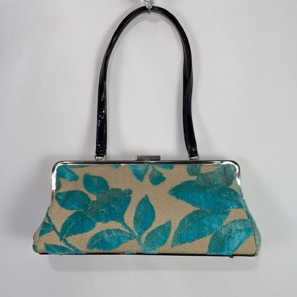 Glenda Geis Tan Turquoise Leaf Print Rec Kiss Lock Bag