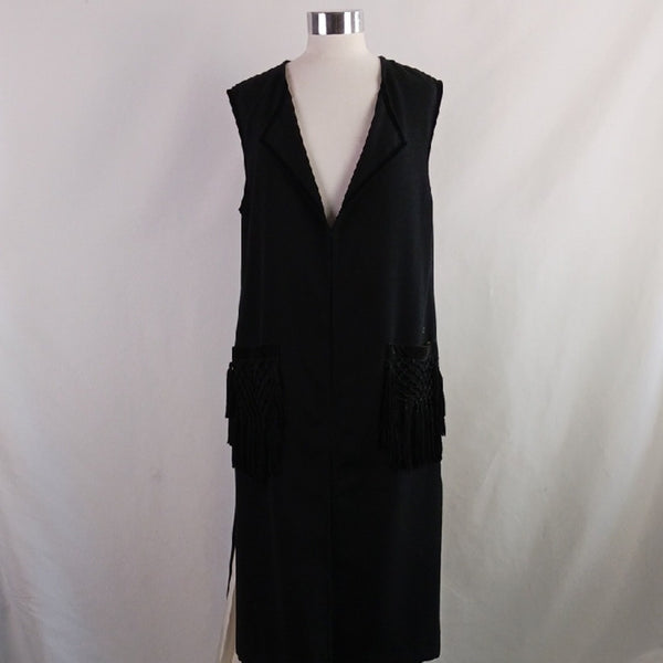 Nissa Black Long W Fringe Sleeveless Vest.