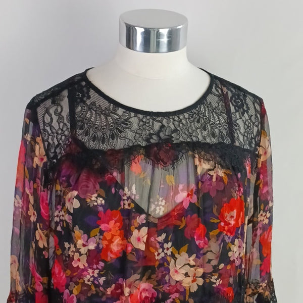 Johnny Was Black and Pink Floral Maxi / Slip Dress.