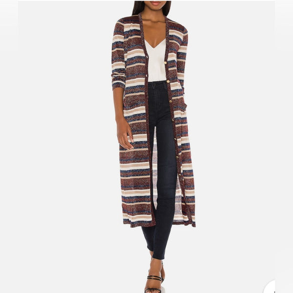 L'AGENCE Gold Cr Shimmer Striped Long Cardigan.