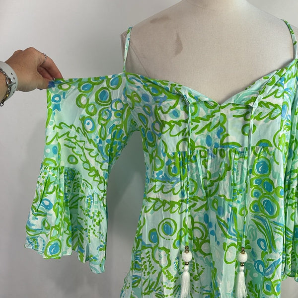 Lilly Pulitzer Green Blue Print Mini Tie Neck Dress