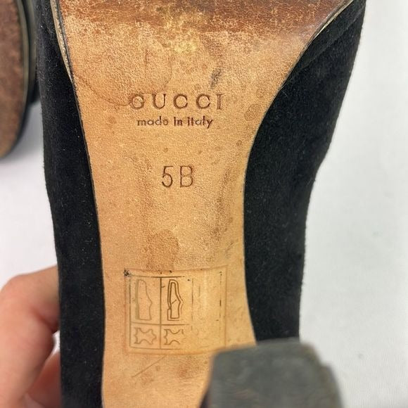 Gucci Black Suede With Gold Ankle Strap Sandal Heels