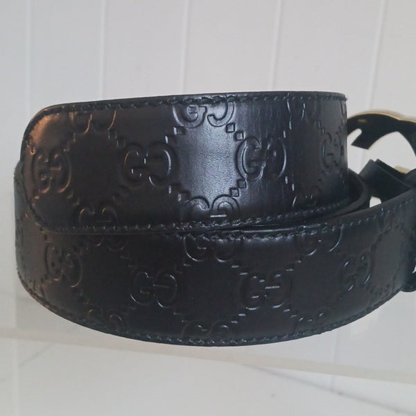 Gucci Black Guccissima Leather Embossed Belt with Gold GG Buckle
