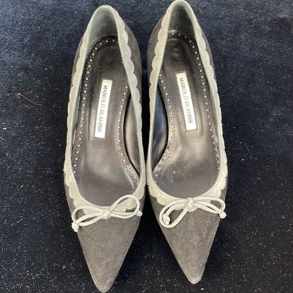 Manolo Blahnik Black and Grey Suede Kitten Heels