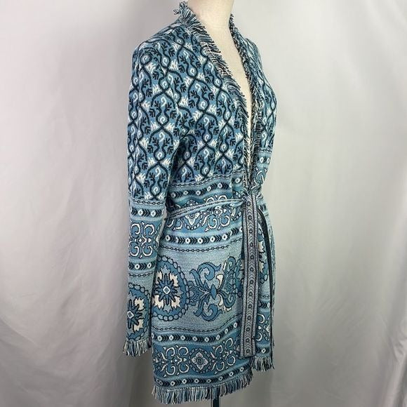 St John Blue Print Long Cardigan With Belt