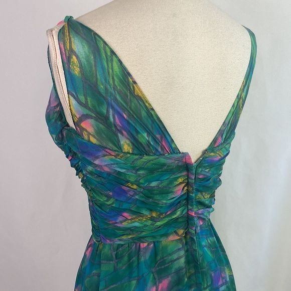 Green Print Pleated Bodice Vintage Dress